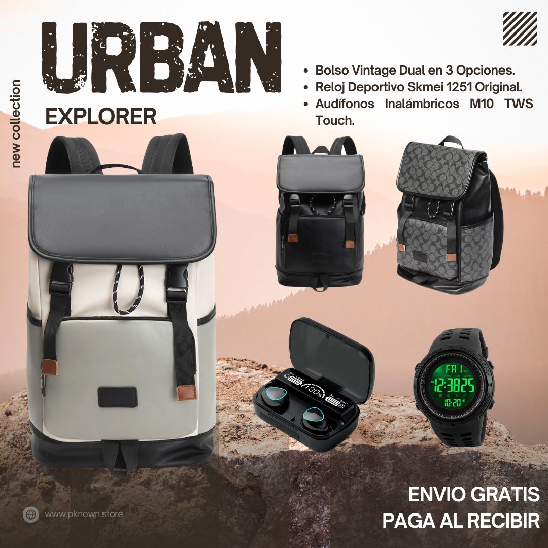 COMBO URBAN EXPLORER 3 en 1 (Morral exclusivo + Audifonos +Reloj Deportivo).
