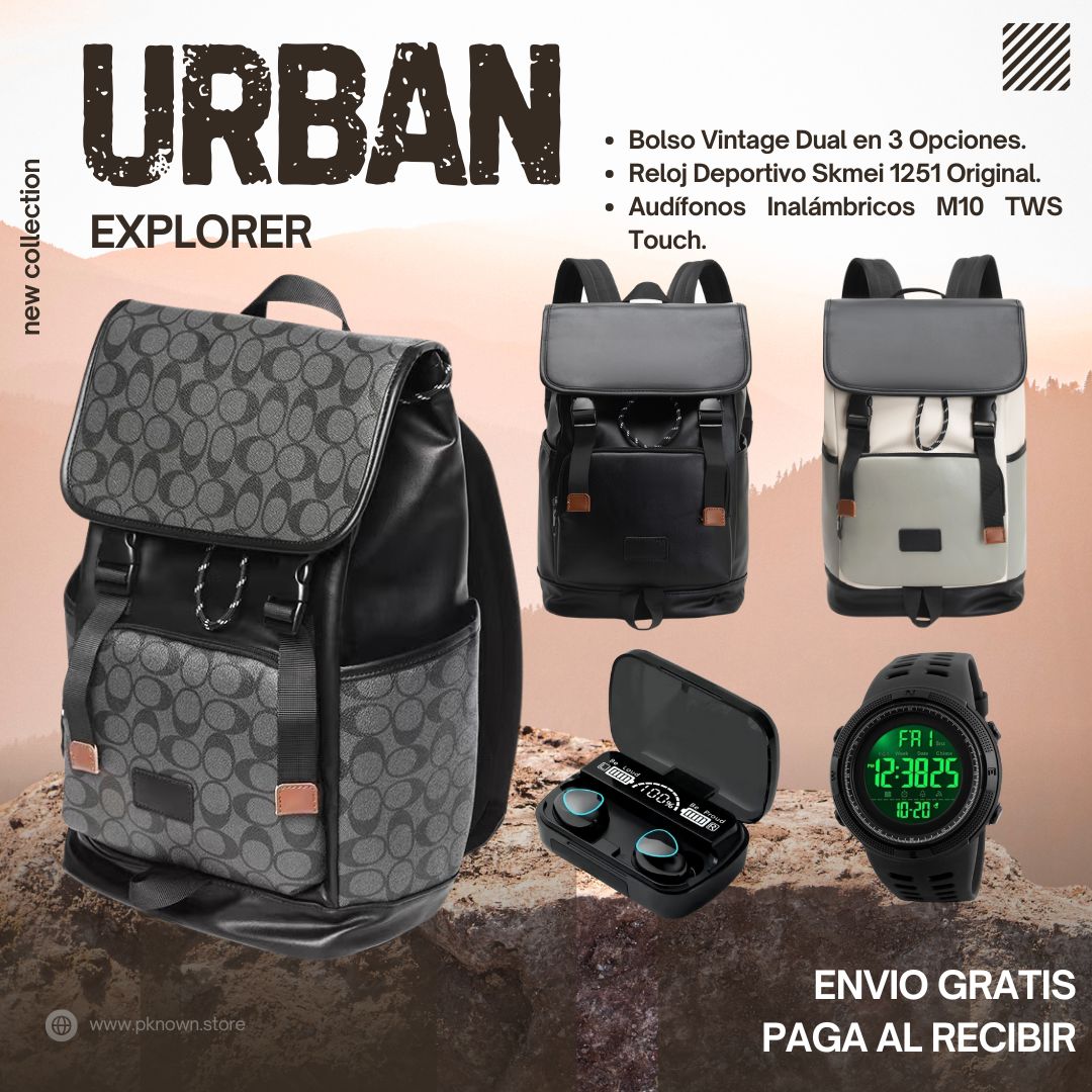COMBO URBAN EXPLORER 3 en 1 (Morral exclusivo + Audifonos +Reloj Deportivo).
