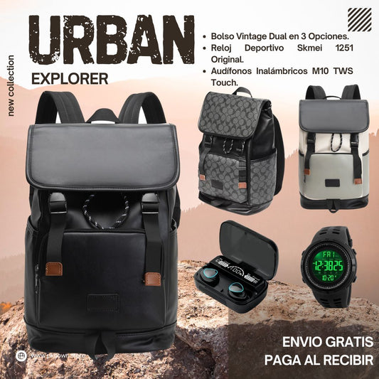 COMBO URBAN EXPLORER 3 en 1 (Morral exclusivo + Audifonos +Reloj Deportivo).