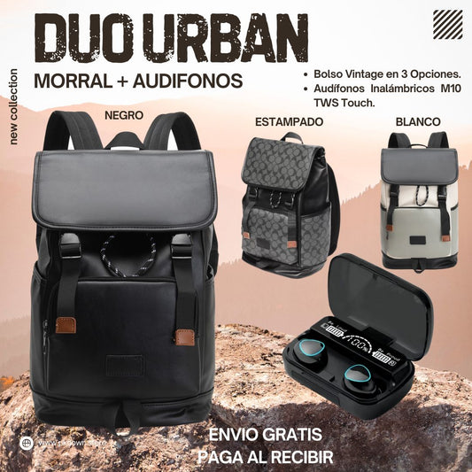 DUO URBAN (MORRAL VINTAGE + AUDIFONOS M10)