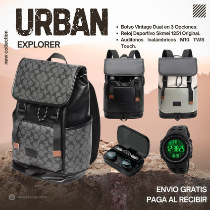 COMBO URBAN EXPLORER 3 en 1 (Morral exclusivo + Audifonos +Reloj Deportivo).